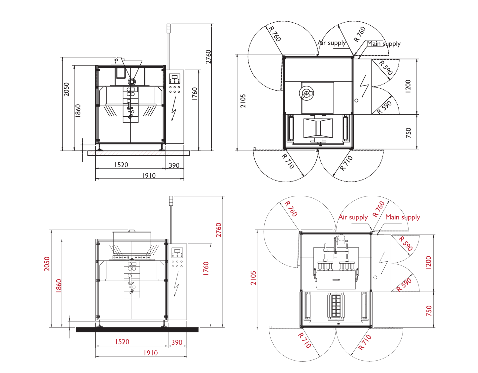 Layouts of four side seal sachet machines