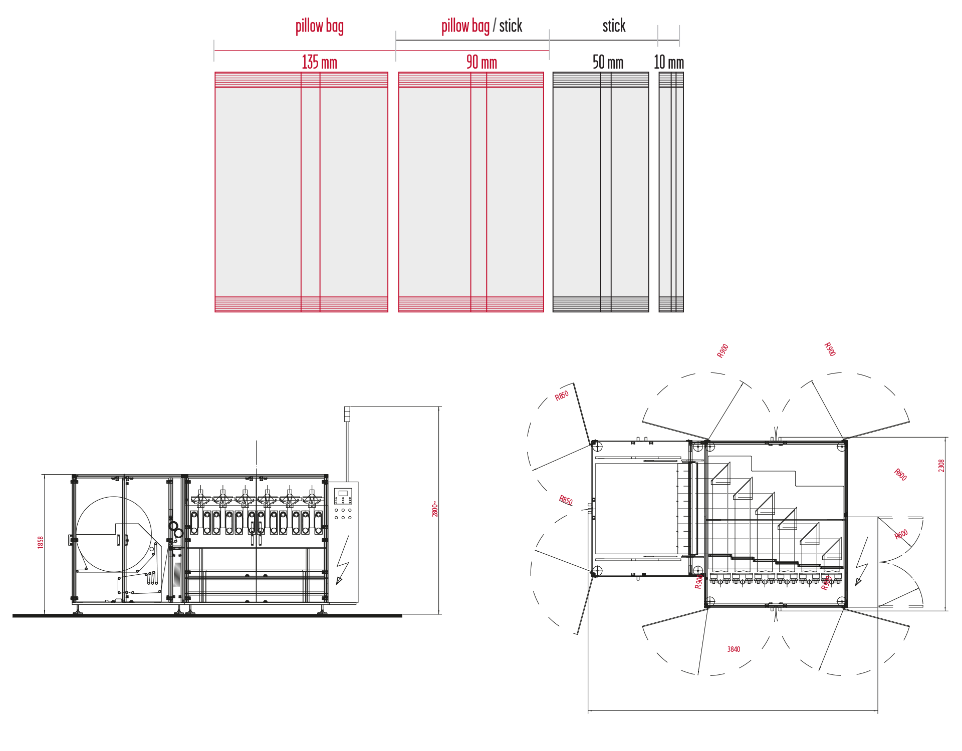 Flowpack sachet and machine layout