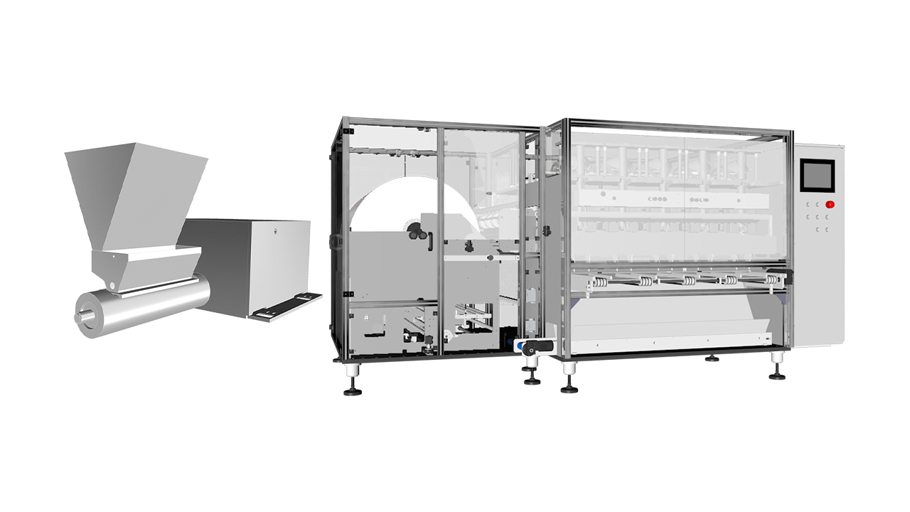 Flow pack machine with granulated powder doser